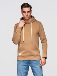 Męska bluza bawełniana dresowa BASIC kangurka z kapturem OM-SSBN-0270 - - Rozmiar: M. Brązowe bluzy Ombre Clothing, m, z aplikacjami, z bawełny, z kapturem. W wyprzedaży za 118.99 zł.