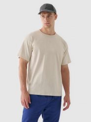 4F T-shirt oversize gładki męski - beżowy M. Brązowe t-shirty 4F, m, bez wzorów, z bawełny, bez kołnierzyka, bez ramiączek. W wyprzedaży za 29.99 zł.