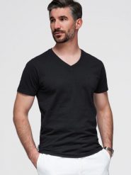 Męski sygnowany t-shirt V-neck z elastanem – czarny V3 - Rozmiar: S. Czarne t-shirty Ombre Clothing, m, bez wzorów, z bawełny, bez kołnierzyka, bez ramiączek. W wyprzedaży za 52.50 zł.