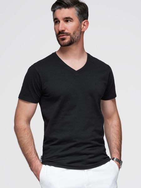 Męski sygnowany t-shirt V-neck z elastanem – czarny V3 - Rozmiar: S. Czarne t-shirty Ombre Clothing, m, bez wzorów, z bawełny, bez kołnierzyka, bez ramiączek. W wyprzedaży za 52.50 zł.