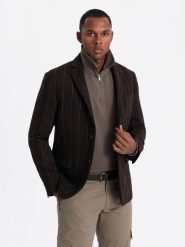 Męska elegancka marynarka w kratkę z domieszką wełny – ciemnobrązowa V3 OM-BLZB-0137 - XXL. Szare garnitury Ombre Clothing, na imprezę, l, bez wzorów, z materiału, eleganckie. Za 251.99 zł.