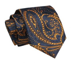 Elegancki, Klasyczny, Męski Krawat -ALTIES - Granat w Złoty, Orientalny Wzór. Niebieskie krawaty i muchy Alties, bez wzorów, z tkaniny. Za 49.00 zł.