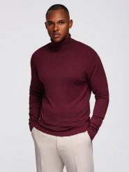 Męski jednokolorowy dzianinowy golf z wiskozą – bordowy V4 - Rozmiar: XL. Czerwone golfy Ombre Clothing, m, z aplikacjami, z dzianiny, bez ramiączek. W wyprzedaży za 99.99 zł.