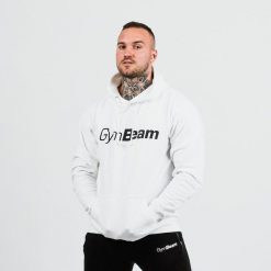Bluza męska fitness z kapturem biała PRO Hoodie. Białe bluzy z kapturem GYMBEAM, m, bez wzorów, z bawełny, z kapturem. Za 88.90 zł.