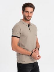 Bawełniana koszulka męska polo z kontrastowymi wykończeniami – ciemnobeżowa V5 OM-POSS-0113 - XXL. Brązowe koszulki polo sportowe Ombre Clothing, l, bez wzorów, z bawełny, bez kołnierzyka, bez ramiączek. Za 119.99 zł.
