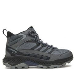 Trekkingi Merrell. Szare botki sznurowane Merrell, bez wzorów, z gore-texu, bez obcasa, bez zapięcia. Za 449.99 zł.