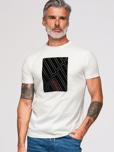 Męski T-shirt bawełniany z geometrycznym nadrukiem - biały V1 - Rozmiar: S. Białe t-shirty Ombre Clothing, m, z aplikacjami, z bawełny, bez kołnierzyka, bez ramiączek. Za 109.99 zł.