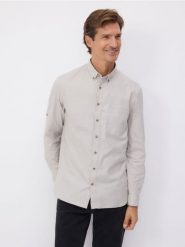 Koszula regular fit z kieszonką - beżowy. Brązowe koszule Reserved, l, bez wzorów, z bawełny, bez kołnierzyka, bez ramiączek. W wyprzedaży za 49.99 zł.