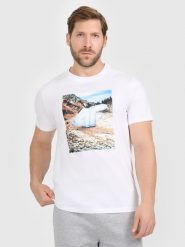 4F T-shirt regular z nadrukiem męski - biały S. Białe t-shirty 4F, m, bez wzorów, z bawełny, bez kołnierzyka, bez ramiączek. Za 79.99 zł.