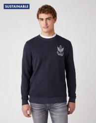 MĘSKA BLUZA WRANGLER GRAPHIC CREW DARK NAVY W6E2HAXAE 112130727. Niebieskie bluzy Wrangler, m, bez wzorów, bez kaptura. Za 149.99 zł.