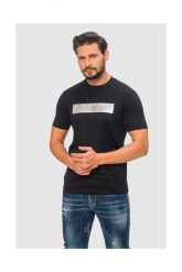 EMPORIO ARMANI Granatowy t-shirt męski ze srebrnym logo. Niebieskie t-shirty Emporio Armani, m, z aplikacjami, prążkowane, bez kołnierzyka, bez ramiączek. W wyprzedaży za 359.99 zł.