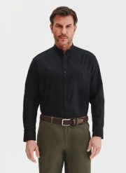 PAKO LORENTE - czarna koszula męska z lnu i bawełny. Czarne koszule Pako Lorente, na wiosnę, m, bez wzorów, z bawełny, bez kołnierzyka, bez ramiączek. Za 89.99 zł.