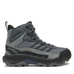 Trekkingi Merrell. Szare botki sznurowane Merrell, bez wzorów, bez obcasa, bez zapięcia. Za 399.99 zł.