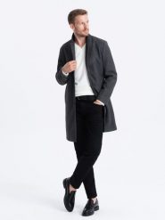Męski lekki płaszcz jednorzędowy - grafitowy V5 OM-COWC-0104 - XXL. Szare płaszcze Ombre Clothing, m, bez wzorów, z poliesteru, bez kaptura. Za 287.99 zł.