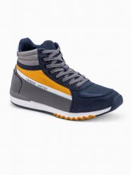 Buty męskie sneakersy za kostkę - granatowo-żółte V2 T358 - 42. Niebieskie buty sportowe casual Ombre Clothing, na zimę, bez wzorów, z gumy, za kostkę, bez zapięcia. W wyprzedaży za 79.99 zł.