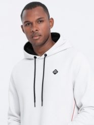 Bluza męska z kapturem z kieszenią na zamek - biała V3 - Rozmiar: S. Białe bluzy Ombre Clothing, l, bez wzorów, z bawełny, z kapturem. W wyprzedaży za 69.99 zł.