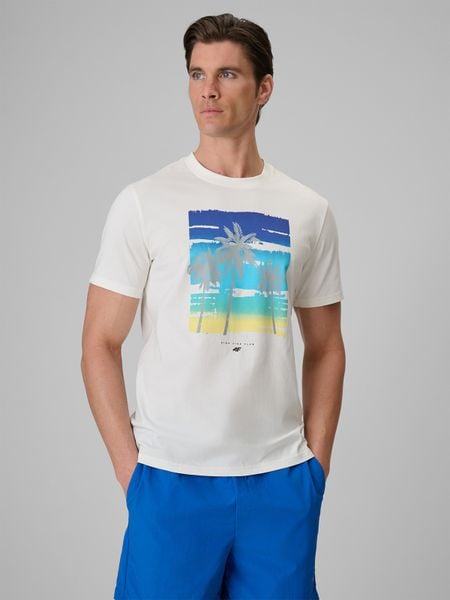 4F T-shirt regular z nadrukiem męski - kremowy XL. Białe t-shirty 4F, m, bez wzorów, z bawełny, bez kołnierzyka, bez ramiączek. Za 79.99 zł.