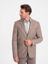 Męska klasyczna marynarka z kieszenią na poszetkę - beżowa V3 OM-BLZB-0115 - XXL. Brązowe garnitury Ombre Clothing, l, bez wzorów, z poliesteru, klasyczne. Za 309.99 zł.