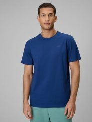4F T-shirt regular gładki męski - granatowy M. Niebieskie t-shirty 4F, m, bez wzorów, z materiału, bez kołnierzyka, bez ramiączek. Za 49.99 zł.