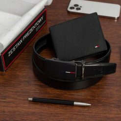 Zestaw prezentowy męski skórzany pasek portfel pudełko premium Beltimore Z49. Czarne portfele bez wzorów. Za 100.99 zł.