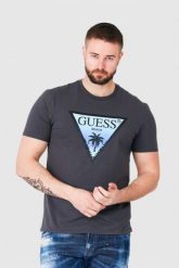 GUESS Grafitowy t-shirt męski z logo z palmą. Szare t-shirty Guess, m, z aplikacjami, bez kołnierzyka, bez ramiączek. W wyprzedaży za 119.99 zł.