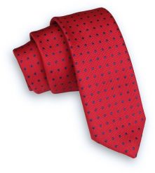 Krwisty Czerwony Klasyczny Męski Krawat -ALTIES- 6cm, w Granatowe Kropki, Groszki. Czerwone krawaty i muchy Alties, bez wzorów, z tkaniny. Za 49.00 zł.