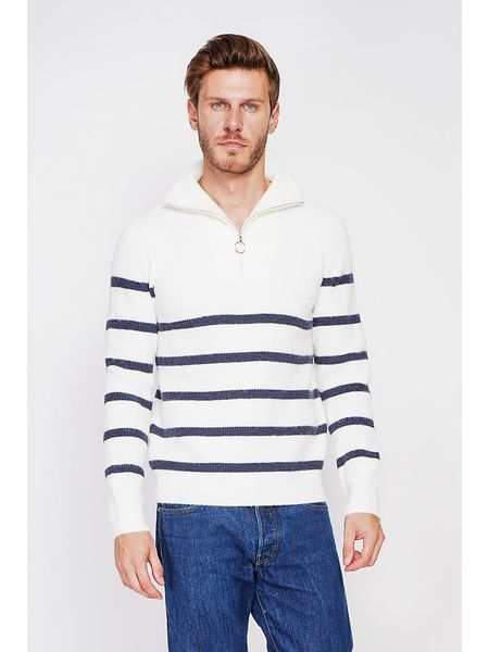 William de Faye Sweter w kolorze biało-granatowym rozmiar: 50. Białe swetry nierozpinane William de Faye, bez wzorów, bez kołnierzyka, bez ramiączek. Za 152.99 zł.