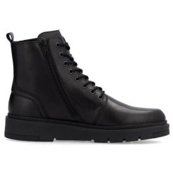 Buty męskie skórzane ocieplane Rieker 30101-00 RKR751 czarne. Czarne botki sznurowane bez wzorów, bez obcasa, bez zapięcia. Za 678.58 zł.