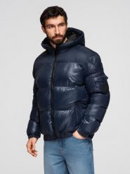 Ciepła kurtka męska puffer ze ściągaczami – granatowa V2 - Rozmiar: XXL. Niebieskie kurtki Ombre Clothing, na zimę, m, z aplikacjami, z gumy, z kapturem. W wyprzedaży za 119.99 zł.
