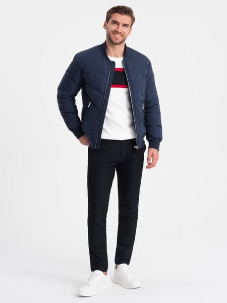 Kurtka męska bomberka pikowana z metalowymi zamkami - granatowa V2 - Rozmiar: L. Niebieskie kurtki Ombre Clothing, l, bez wzorów, bez kaptura. W wyprzedaży za 169.99 zł.