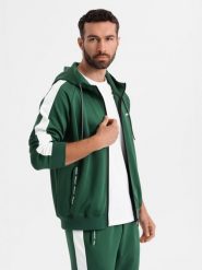 Męskie komplet dresowy oldschool bluza rozpinana z kapturem + spodnie joggery - ciemnozielony V7 - Rozmiar: S. Zielone bluzy Ombre Clothing, m, z aplikacjami, z dresówki, bez kaptura. Za 379.99 zł.