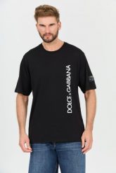 DOLCE & GABBANA Czarny t-shirt. Czarne t-shirty Dolce and Gabbana, l, bez wzorów, bez kołnierzyka, bez ramiączek. W wyprzedaży za 1,599.99 zł.