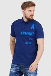 ARMANI EXCHANGE Granatowa koszulka polo z nadrukiem. Niebieskie koszulki polo Armani Exchange, m, bez wzorów, bez kołnierzyka, bez ramiączek. W wyprzedaży za 259.99 zł.
