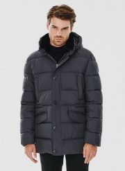 PAKO LORENTE – Granatowa pikowana kurtka z futrzanym kołnierzem. Kurtki Pako Lorente, na zimę, m, bez wzorów, z futra. Za 399.99 zł.