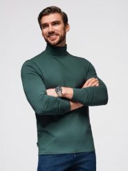Męski longsleeve gładki z golfem - ciemnozielony V7 - Rozmiar: M. Zielone bluzki z długim rękawem Ombre Clothing, m, bez wzorów, z bawełny, bez kołnierzyka, bez ramiączek. Za 149.99 zł.