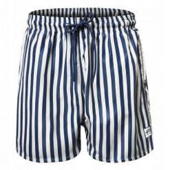 Męskie Spodenki Plażowe (Kąpielowe) - Pako Jeans - Granatowe w Prążek. Niebieskie kąpielówki Pako Jeans, l, bez wzorów, z jeansu. Za 75.00 zł.