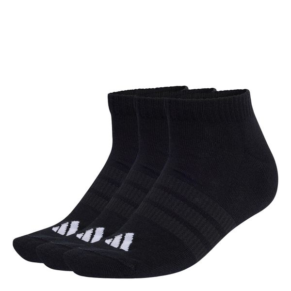 Niskie skarpety z amortyzacją Essentials — 3 pary w opakowaniu. Czarne skarpety Adidas, bez wzorów, z bawełny. Za 54.95 zł.