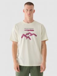 4F T-shirt oversize z nadrukiem męski - beżowy M. Brązowe t-shirty 4F, m, bez wzorów, z bawełny, bez kołnierzyka, bez ramiączek. W wyprzedaży za 29.99 zł.