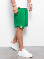 Szorty męskie dresowe wykończone lamówka - zielone V1 - Rozmiar: M. Zielone krótkie spodenki sportowe Ombre Clothing, m, bez wzorów, z bawełny. W wyprzedaży za 29.99 zł.