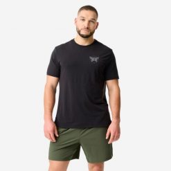 Koszulka sportowa męska Domyos. Czarne t-shirty sportowe DOMYOS, bez wzorów, z elastanu, bez ramiączek, na fitness i siłownię. Za 69.99 zł.