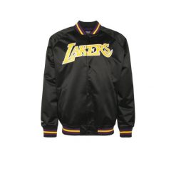 Lekka satynowa kurtka Los Angeles Lakers. Czarne kurtki Mitchell & Ness, bez wzorów, z satyny, bez kaptura. Za 464.00 zł.