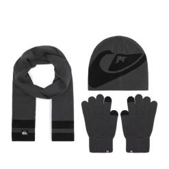 Zestaw czapka, szalik i rękawiczki Quiksilver. Szare czapki zimowe Quiksilver, bez wzorów. Za 139.99 zł.