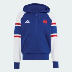 Bluza z kapturem Francja Rugby Travel z suwakiem na całej długości. Niebieskie bluzy z kapturem Adidas, l, bez wzorów, z bawełny, z kapturem. Za 439.00 zł.