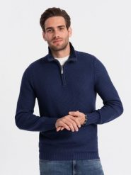 Sweter męski dzianinowy z rozpinaną stójką - ciemnoniebieski V7. Niebieskie swetry nierozpinane Ombre Clothing, m, bez wzorów, z bawełny, bez kołnierzyka, bez ramiączek. W wyprzedaży za 49.99 zł.