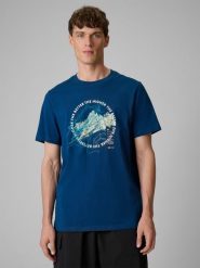 4F T-shirt regular z nadrukiem męski - turkusowy L. Niebieskie t-shirty 4F, l, bez wzorów, z bawełny, bez kołnierzyka, bez ramiączek. Za 59.99 zł.