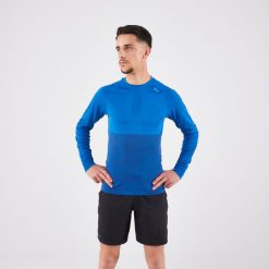 Koszulka do biegania z długim rękawem męska Kiprun Run 500. Niebieskie bielizna termoaktywna KIPRUN, na jesień, m, bez wzorów, z materiału, bez ramiączek, do biegania. Za 99.99 zł.