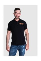 JUST CAVALLI Koszulka polo męska, czarna złoto srebrne logo. Czarne koszulki polo Just Cavalli, m, bez wzorów, bez kołnierzyka, bez ramiączek. W wyprzedaży za 149.99 zł.