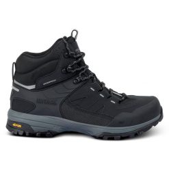 Buty męskie trekkingowe wysokie z membraną Regen Vibram. Czarne trekkingi Regatta, bez wzorów, z gumy, bez zapięcia. W wyprzedaży za 499.99 zł.