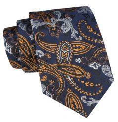 Klasyczny Krawat Męski - ALTIES - Granat, Złote Paisley. Niebieskie krawaty i muchy Alties, bez wzorów, z tkaniny. Za 49.00 zł.