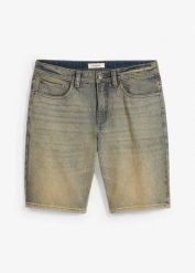 Bermudy dżinsowe z elastycznego materiału, dirty washed, regular fit. Niebieskie jeansy bonprix, m. Za 47.99 zł.